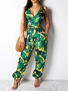 Maxi Loose Travel Look Plants Milk Fiber Jumpsuit (Style V201494)