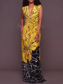 Party A-line V-neck Color Block Patchwork Maxi Dresses (Style V201509)