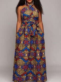 Western A-line Color Block Print Satin Maxi Dresses (Style V201512)