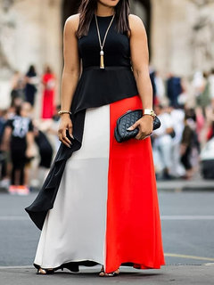 Western A-line Color Block Patchwork Satin Maxi Dresses (Style V201517)