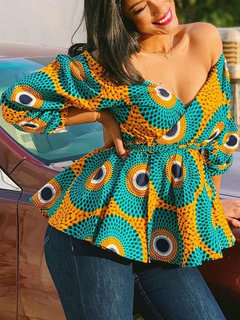 V-neck Standard Date Night Color Block Pattern Blouse (Style V201521)