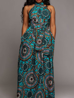 Western A-line Geometric Print Satin Maxi Dresses (Style V201527)