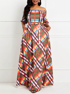 Western Off The Shoulder Plaid Print Chiffon Maxi Dresses (Style V201529)