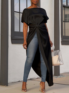 Round Neck Long Western Polyester Asymmetrical Blouse (Style V201535)