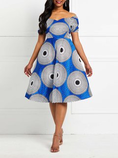 Western Off The Shoulder Geometric Print Satin Midi Dresses (Style V201541)