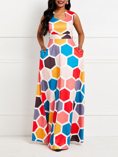 Western Expansion Color Block Print Satin Maxi Dresses (Style V201545)