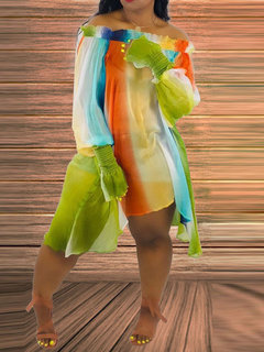 Casual Asymmetrical Color Block Asymmetrical Polyester Knee Length Dresses (Style V201547)