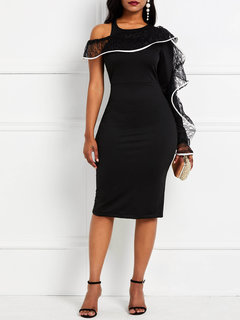 Western Bodycon Plain Patchwork Polyester Bodycon Dresses (Style V201552)