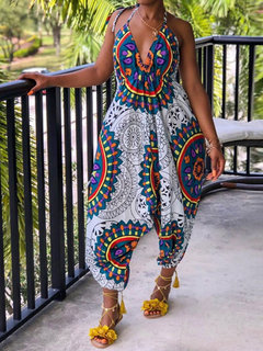 Ankle Length Loose Floral Polyester Pattern Jumpsuit (Style V201558)