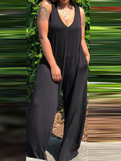 Maxi Loose Casual Plain Polyester Jumpsuit (Style V201559)