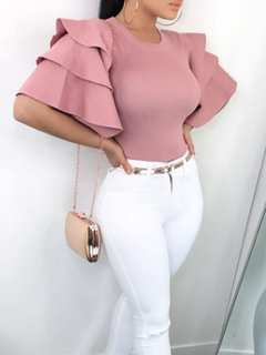 Round Neck Standard Slim Plain Polyester Blouse (Style V201562)