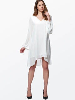 Asymmetrical V-neck Plain Hollow Out Cotton Blends Mini Dresses (Style V201574)
