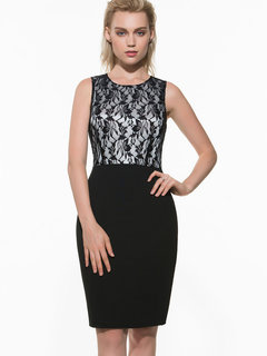 Work Pencil Round Neck Lace Polyester Knee Length Dresses (Style V201578)