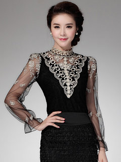 Round Neck Standard Slim Lace Blouse (Style V201580)
