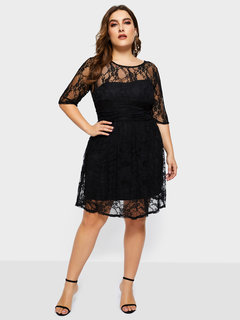 A-line Round Neck Plain Lace Chiffon Knee Length Dresses (Style V201582)