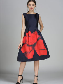 Expansion Round Neck Floral Print Polyester Floral Dresses (Style V201584)