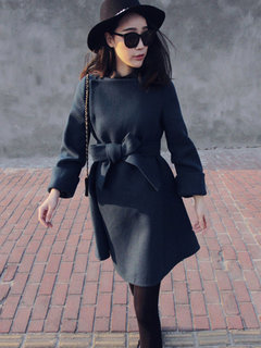 Round Neck Date Night Plain Wool Blends Belt Coat (Style V201613)