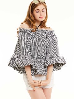 Off The Shoulder Slim Date Night Polyester Ruffle Blouse (Style V201619)