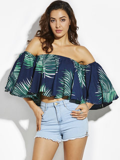 Off The Shoulder Short Loose Floral Polyester Blouse (Style V201624)