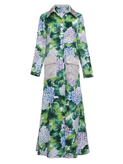 Long Slim Floral Polyester Button Coat (Style V201637)