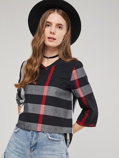 V-neck Short Loose Elegant Cotton Blends Blouse (Style V201722)
