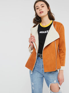 Shawl Collar Short Loose Suede Patchwork Jacket (Style V201732)