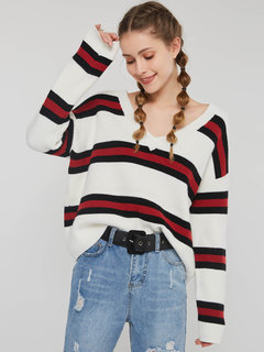 V-neck Short Loose Woolen Fabric Pattern Sweater (Style V201734)