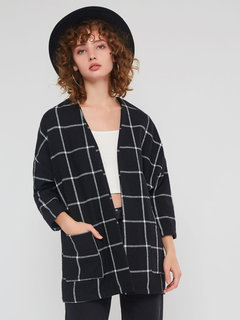 V-neck Loose Elegant Plaid Wool Blends Coat (Style V201739)