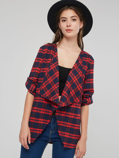 Shawl Collar Midi Elegant Plaid Pattern Coat (Style V201740)