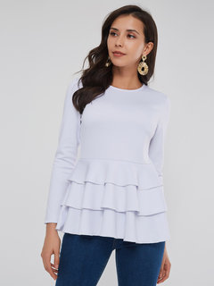 Round Neck Long Plain Dacron Wavy Edge Blouse (Style V201744)