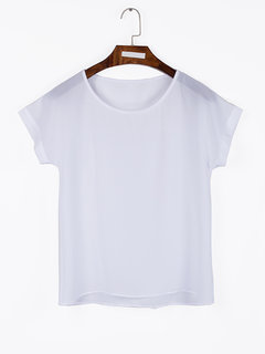 Round Neck Short Slim Plain Chiffon Blouse (Style V201747)