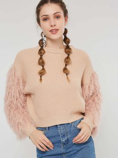 Round Neck Short Loose Plain Tassel Sweater (Style V201768)