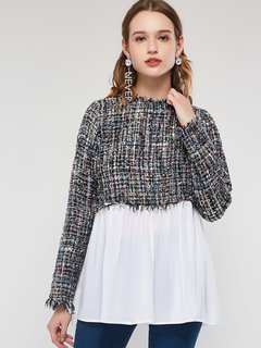 Round Neck Midi Fashion Patchwork Patchwork Blouse (Style V201771)