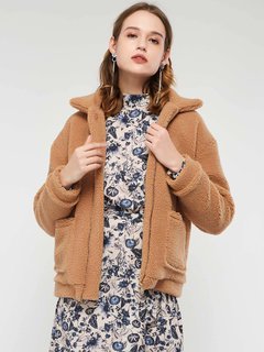 Short Loose Plain Polyester Pockets Jacket (Style V201772)