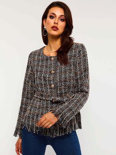 Round Neck Long Date Night Plaid Belt Coat (Style V201775)