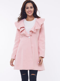 Long Slim Plain Wool Ruffle Coat (Style V201782)