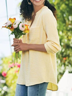 V-neck Loose Fashion Polyester Button Blouse (Style V201787)