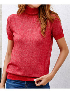 Turtleneck Short Fashion Plain Knitted T Shirt (Style V201793)