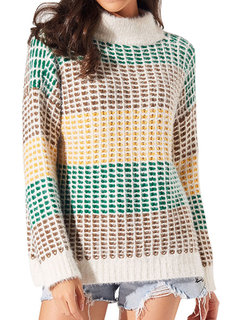 Stand Collar Standard Loose Colorful Pattern Sweater (Style V201794)