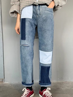 Ankle Length Fashion Pattern Denim Color Block Jeans (Style V201831)