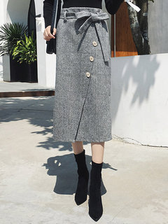 Mid-Calf Loose Elegant Belt Plain Skirt (Style V201839)
