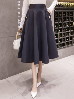 Mid-Calf Elegant Pockets Polyester Plain Skirt (Style V201841)