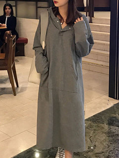 Slow Life Shift Hooded Pockets Polyester Casual Dresses (Style V201846)