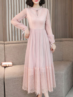 Glamorous A-line Stand Collar Lace Polyester Midi Dresses (Style V201849)