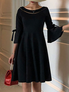 A-line Round Neck Plain See-Through Polyester Knee Length Dresses (Style V201850)