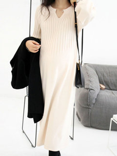 Modest Sweater Notched Solid Color Knitted Casual Dresses (Style V201851)