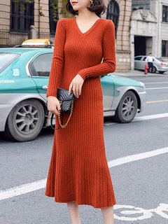 Date Night Sweater V-neck Solid Color Knitted Midi Dresses (Style V201852)