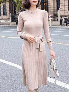 Office Sweater Round Neck Solid Color Ruffle Midi Dresses (Style V201853)