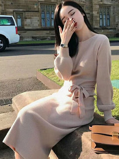 Classy Round Neck Solid Color Sash Knitted Midi Dresses (Style V201858)