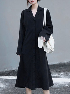 Western Lapel Solid Color Button Polyester Midi Dresses (Style V201859)
